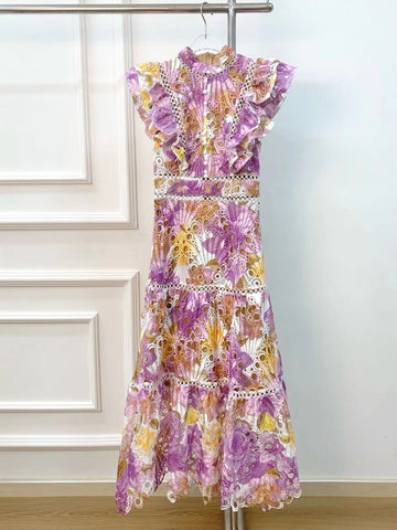 Leaf Leaf Lace Dress 2024 Summer And Autumn New Flying Sleeve Print Embroidery Sleeves Sleaf Slim Skinny Dress